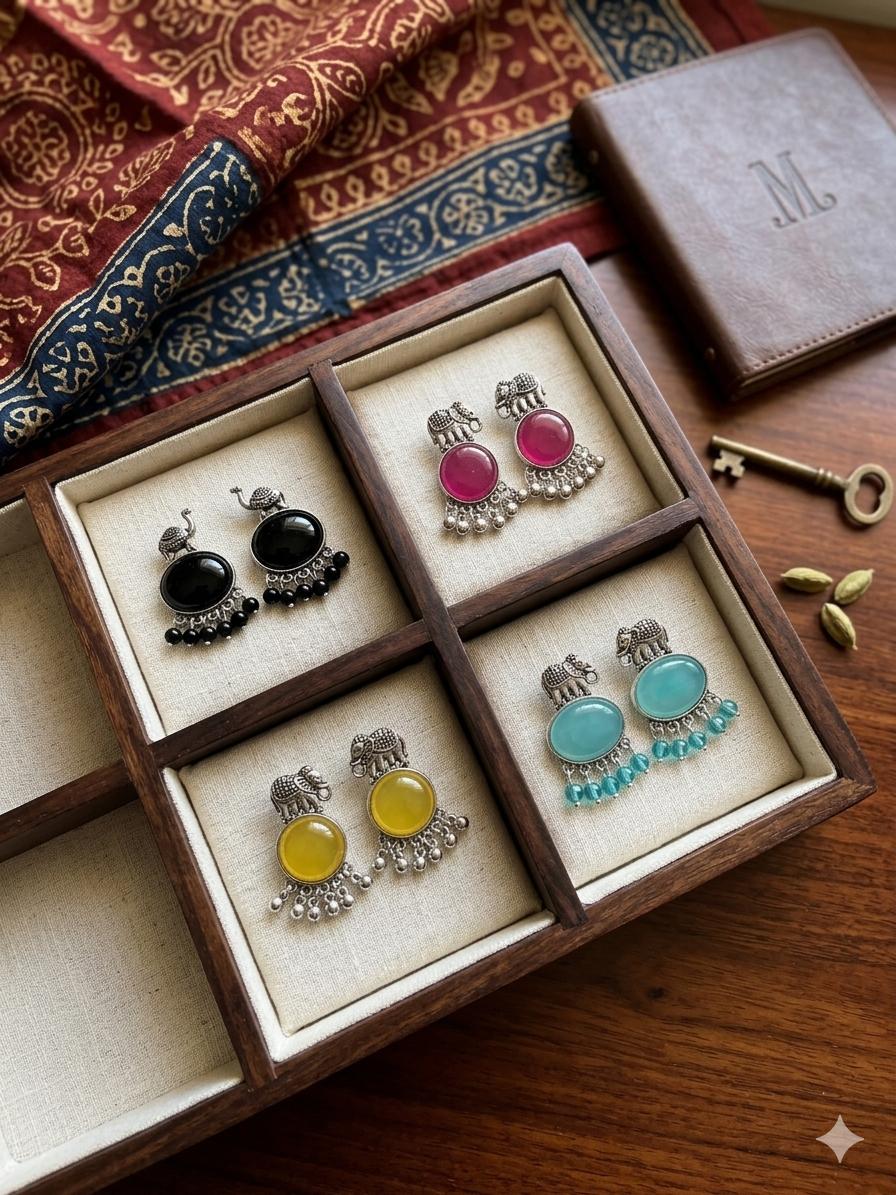 Oxidized Silver Elephant and Camel Jhumka with multi-colour stone Earrings Combo