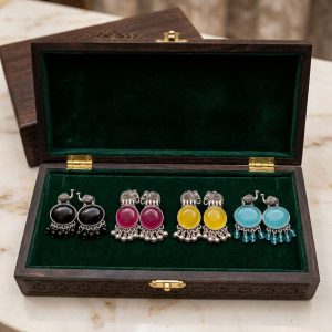 Oxidized Silver Elephant and Camel Jhumka with multi-colour stone
